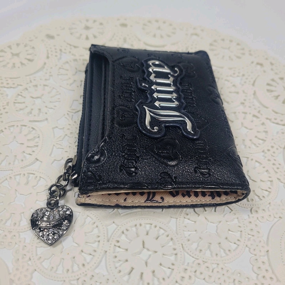 Juicy Couture Black Embossed Compact Folding Wallet Rhinestone Heart Charm - Picture 3 of 6